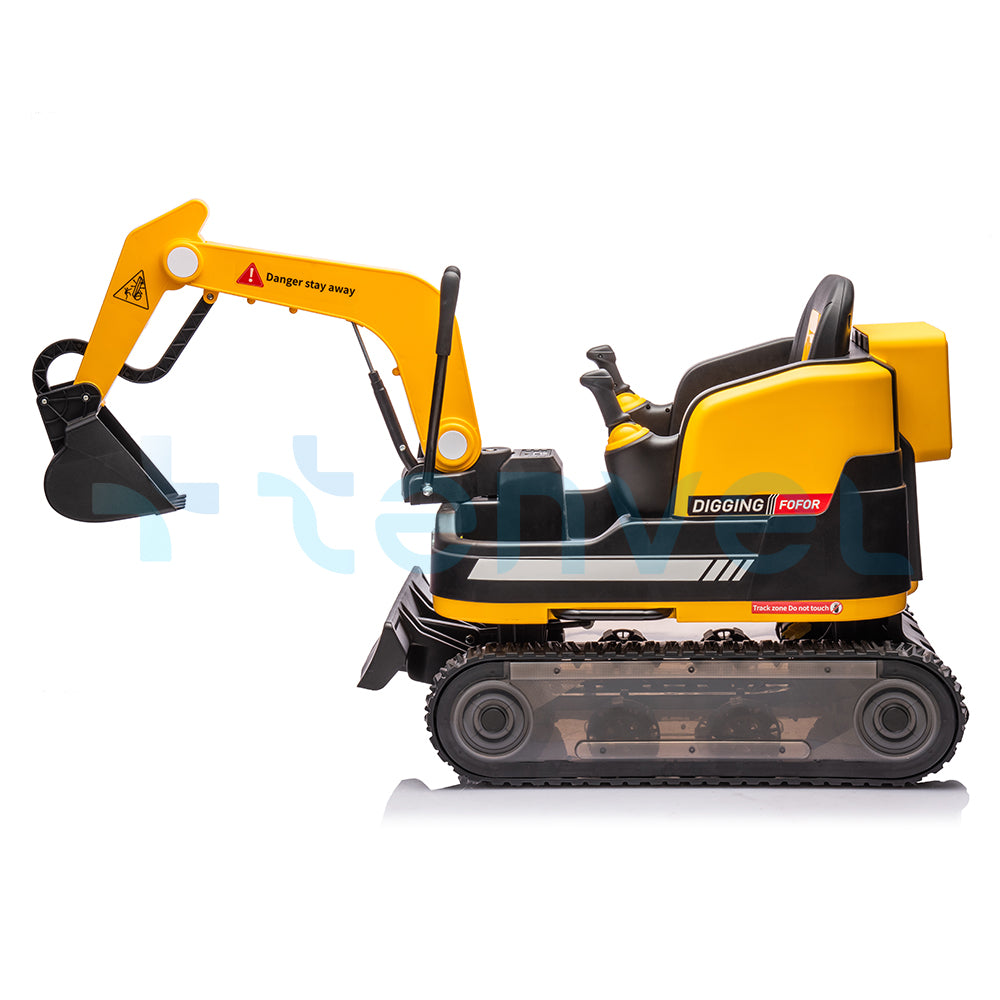 Yellow 24V ride-on electric excavator toy for kids with manual digging arm and durable tracked wheels