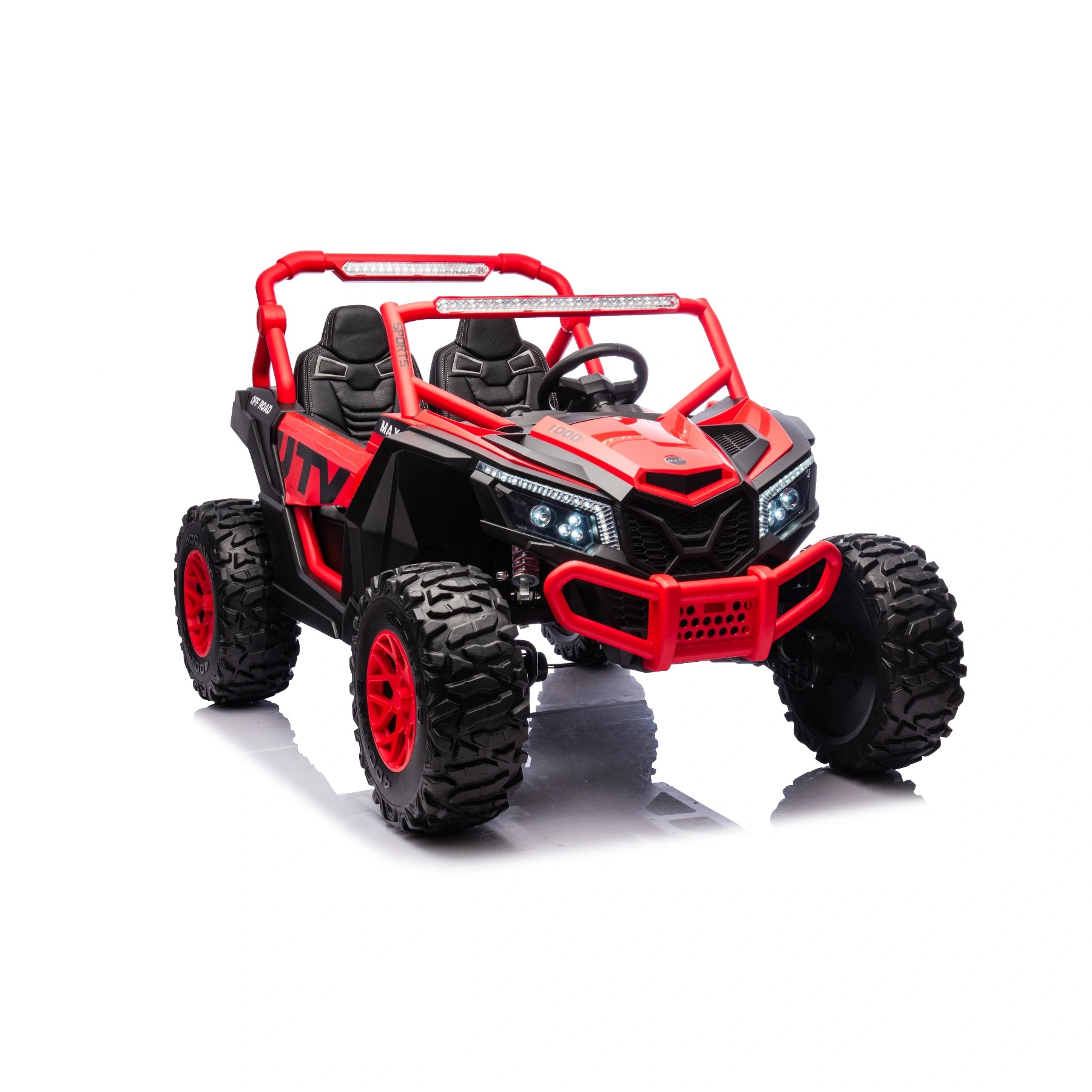 Red 24V 1400W kids 2-seater electric ride-on UTV buggy with rugged tires and detailed headlights