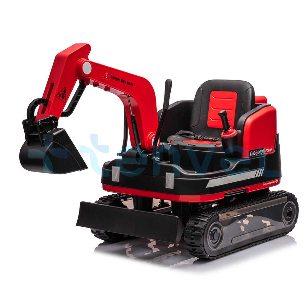 Red 24V kids ride-on electric excavator toy with manual arm, dual motors, seatbelt, and realistic construction design