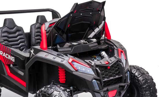 Close-up of black and red Stinger Buggy XL 24V 4x4 ride-on car with open hood showing engine details