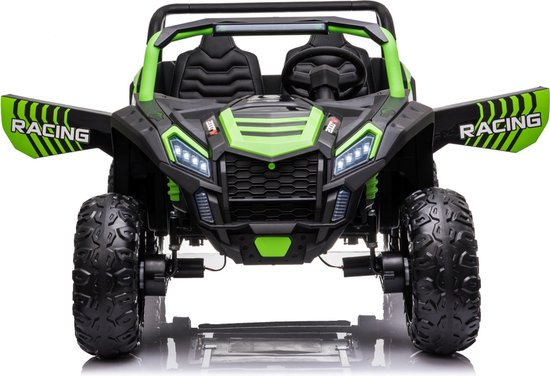 Front view of green Stinger Buggy XL 24V 4x4 two-seater kids ride-on car with rugged tires and racing decals