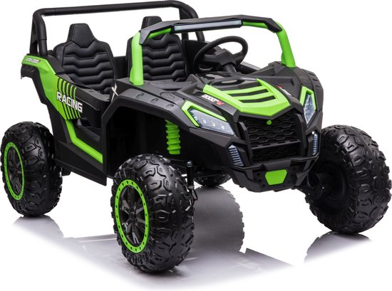 Green Stinger Buggy XL 24V 4x4 two-seater ride-on car with EVA wheels and rugged off-road design for kids.