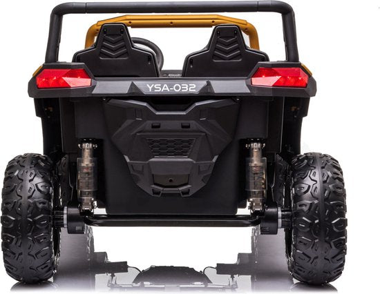 Rear view of the gold Stinger Buggy XL 24V 4x4 two-seater kids ride-on car with off-road tires and suspension.