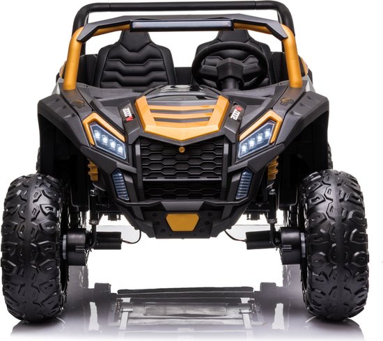 Front view of the gold Stinger Buggy XL 24V 4x4 two-seater kids ride-on with large EVA wheels and LED headlights