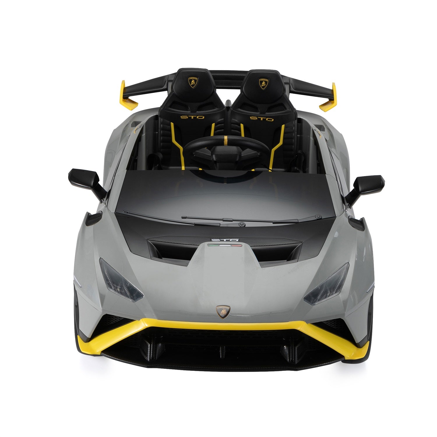 Front view of a grey 24V licensed Lamborghini Huracan STO ride-on car with black and yellow detailing.