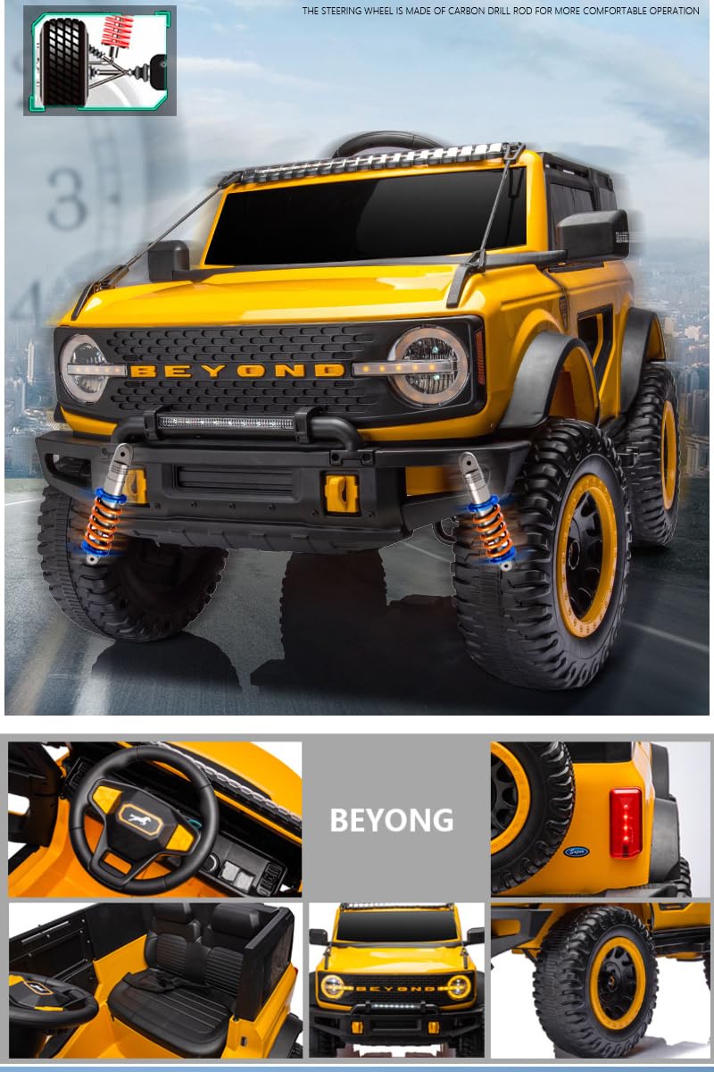 Yellow Ride-On Jeep Beyond 12V 4WD SUV for kids with remote control, suspension, headlights, and music features.
