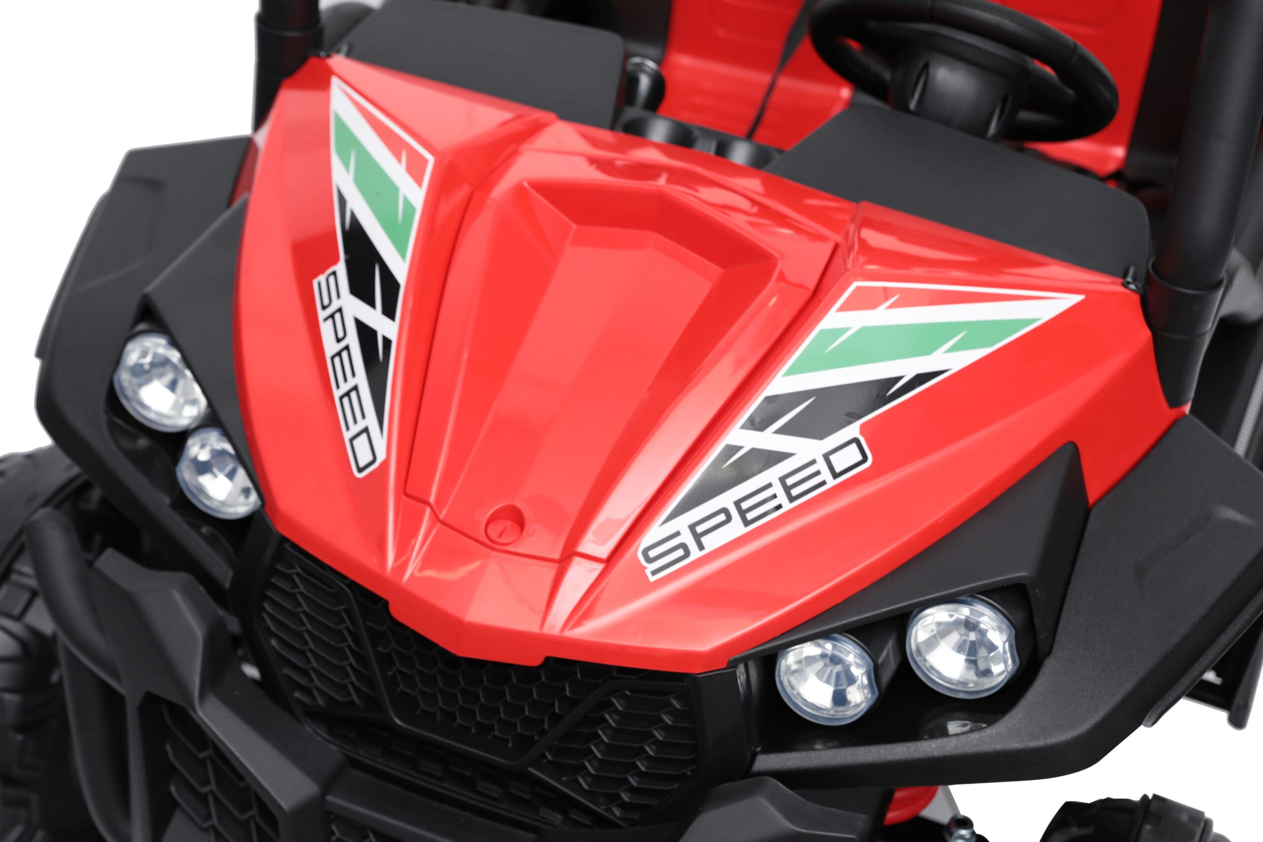 Close-up of the red 24V Mc Wholesalers Beach Buggy Speed with LED headlights and speed decals on the hood