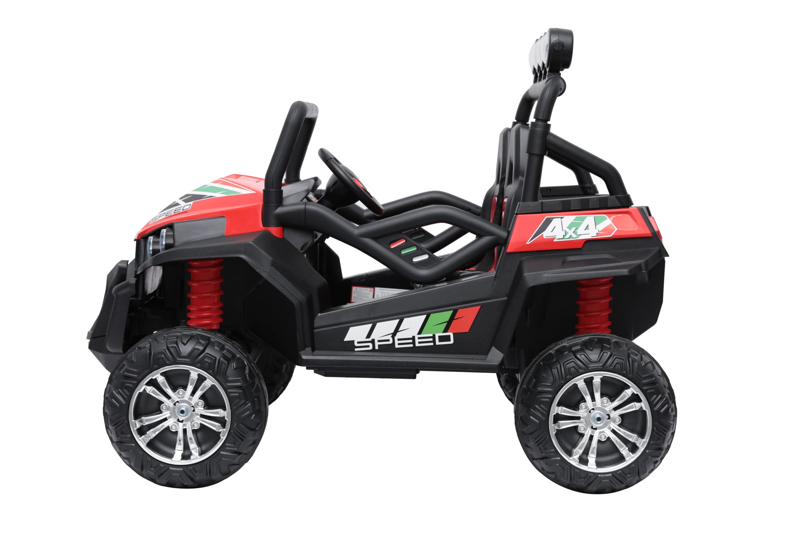 Red 24V electric kids ride on beach buggy with 4WD, large wheels, and safety bars for ages 3 to 8 years.