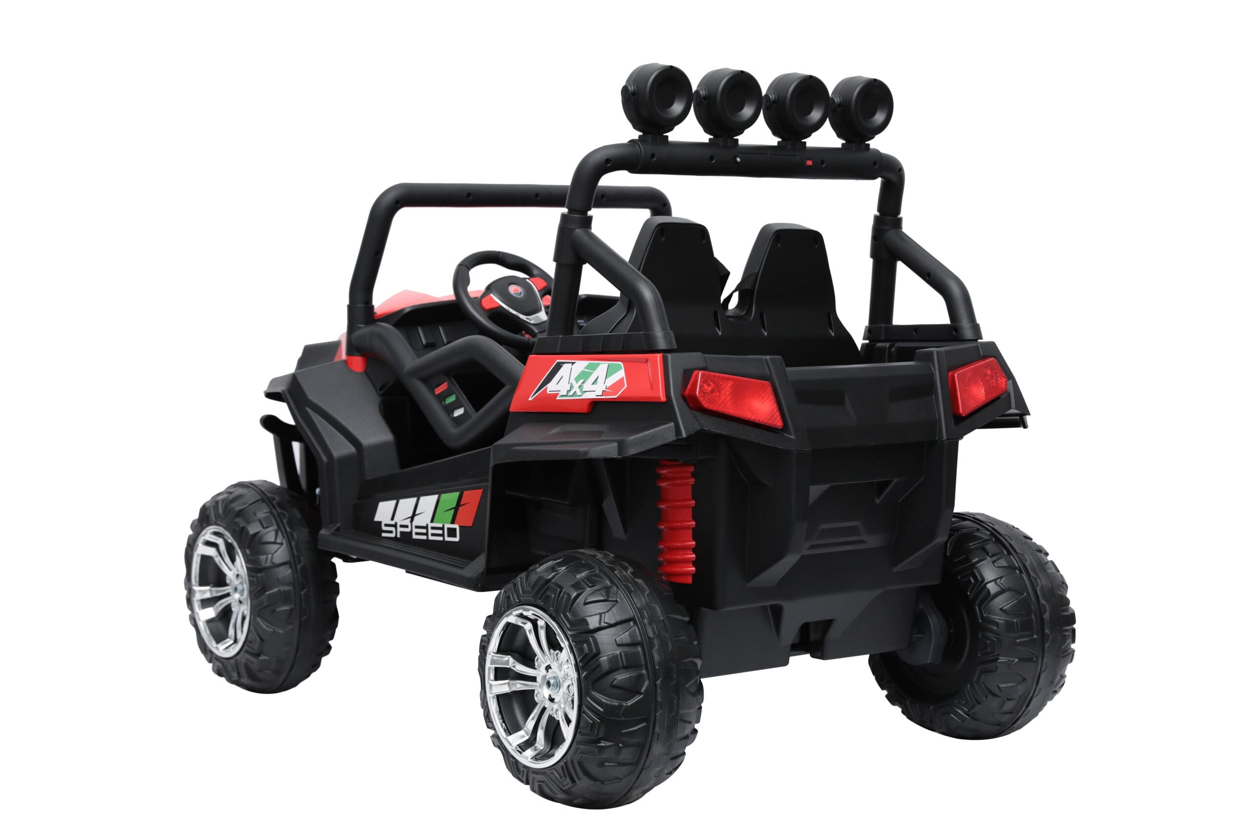 Red 24V electric kids beach buggy with four large off-road tires, dual seats, and roll cage lights.
