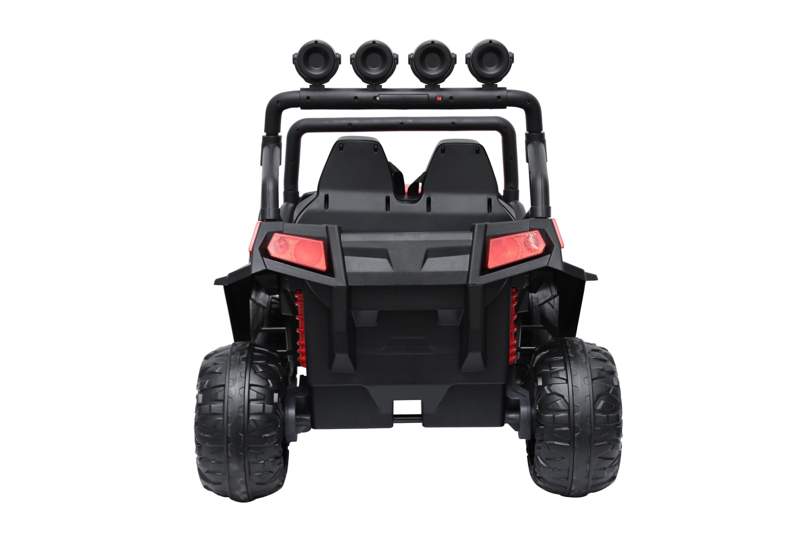 Rear view of red 24V electric ride-on beach buggy with dual seats, four large tires, and overhead lights for kids.