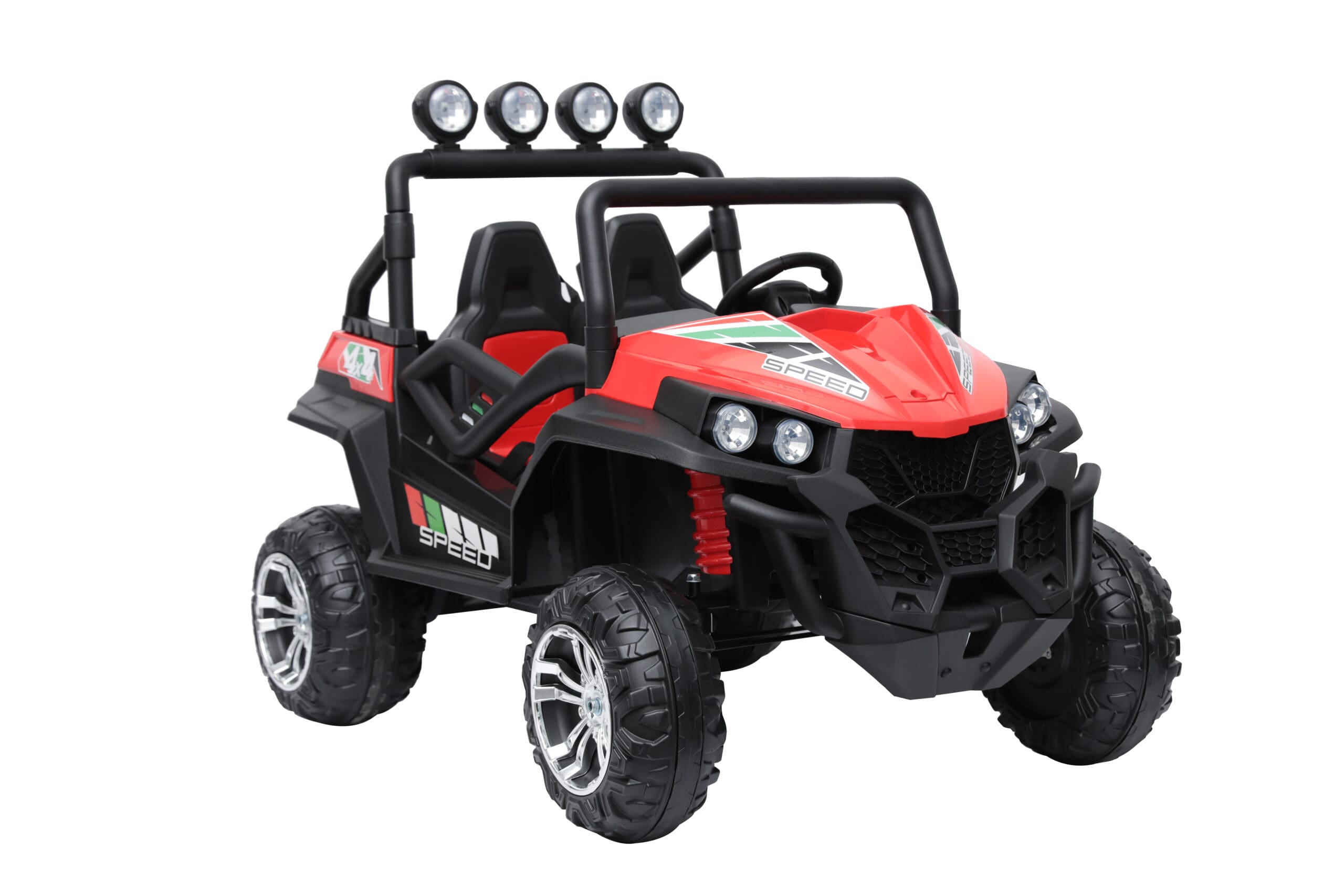 Red 24V electric kids' ride-on beach buggy with four-wheel drive, large tires, and dual seats with safety belts.