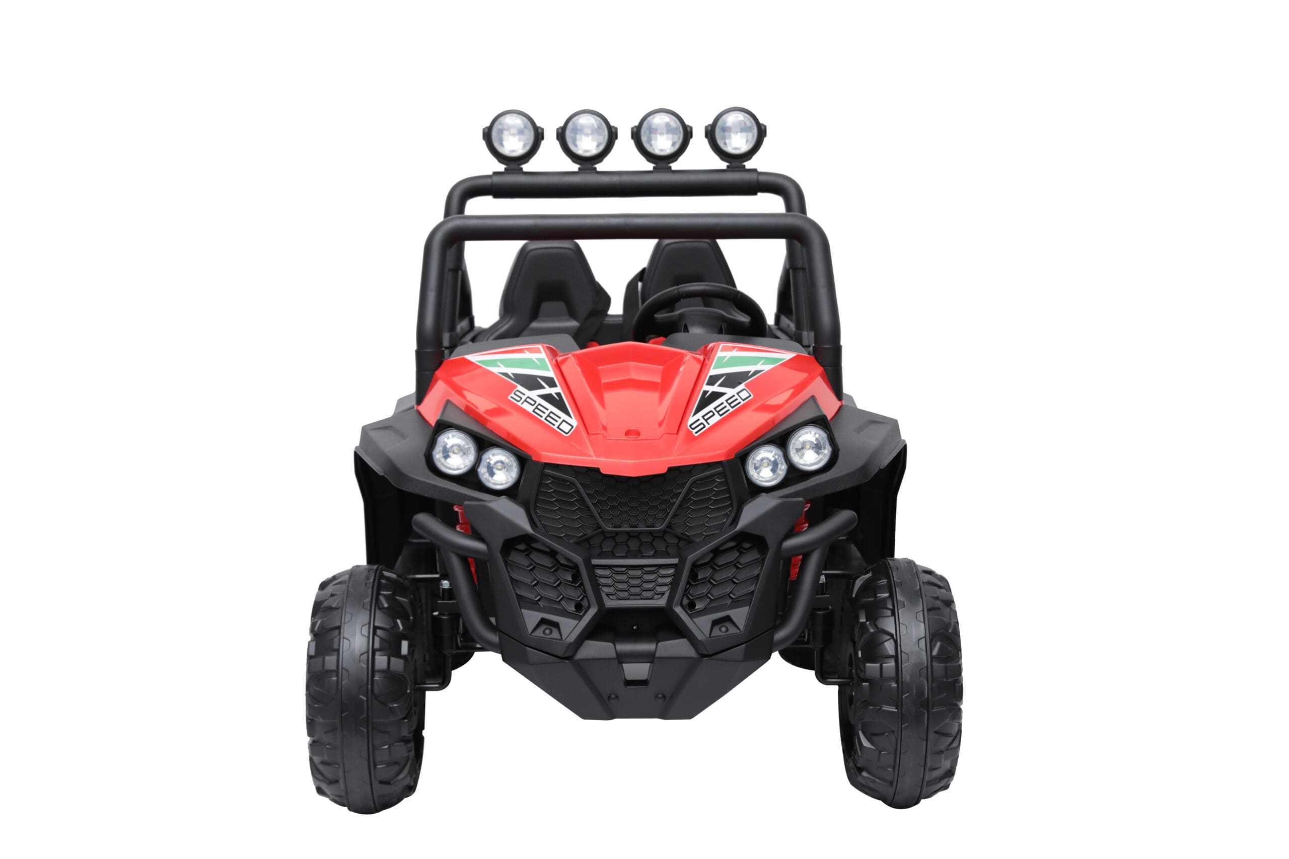 Red 24V electric ride-on beach buggy for kids with four-wheel suspension and LED headlights.
