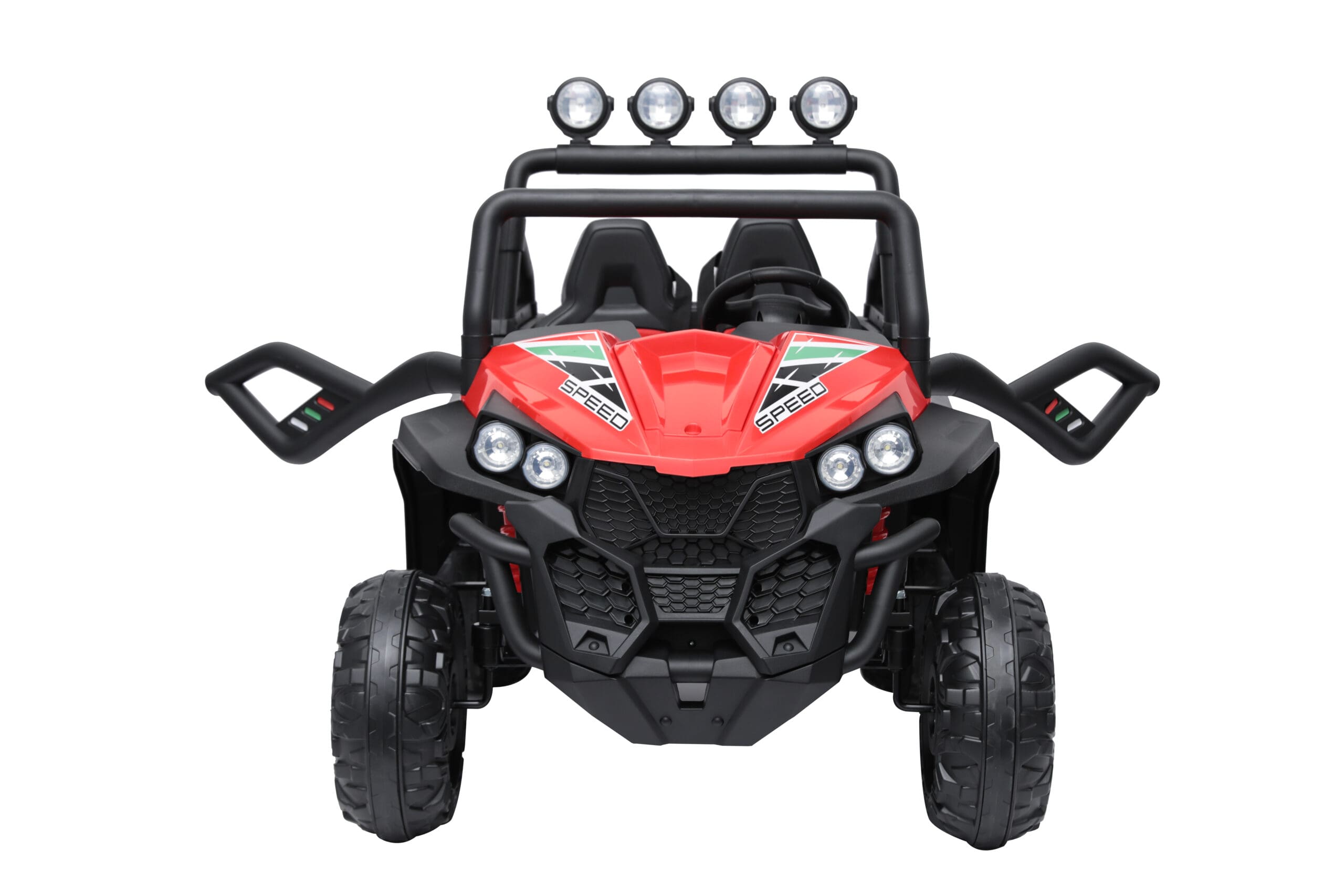Red 24V electric ride-on kids beach buggy with dual seats, working lights, large wheels, and off-road design