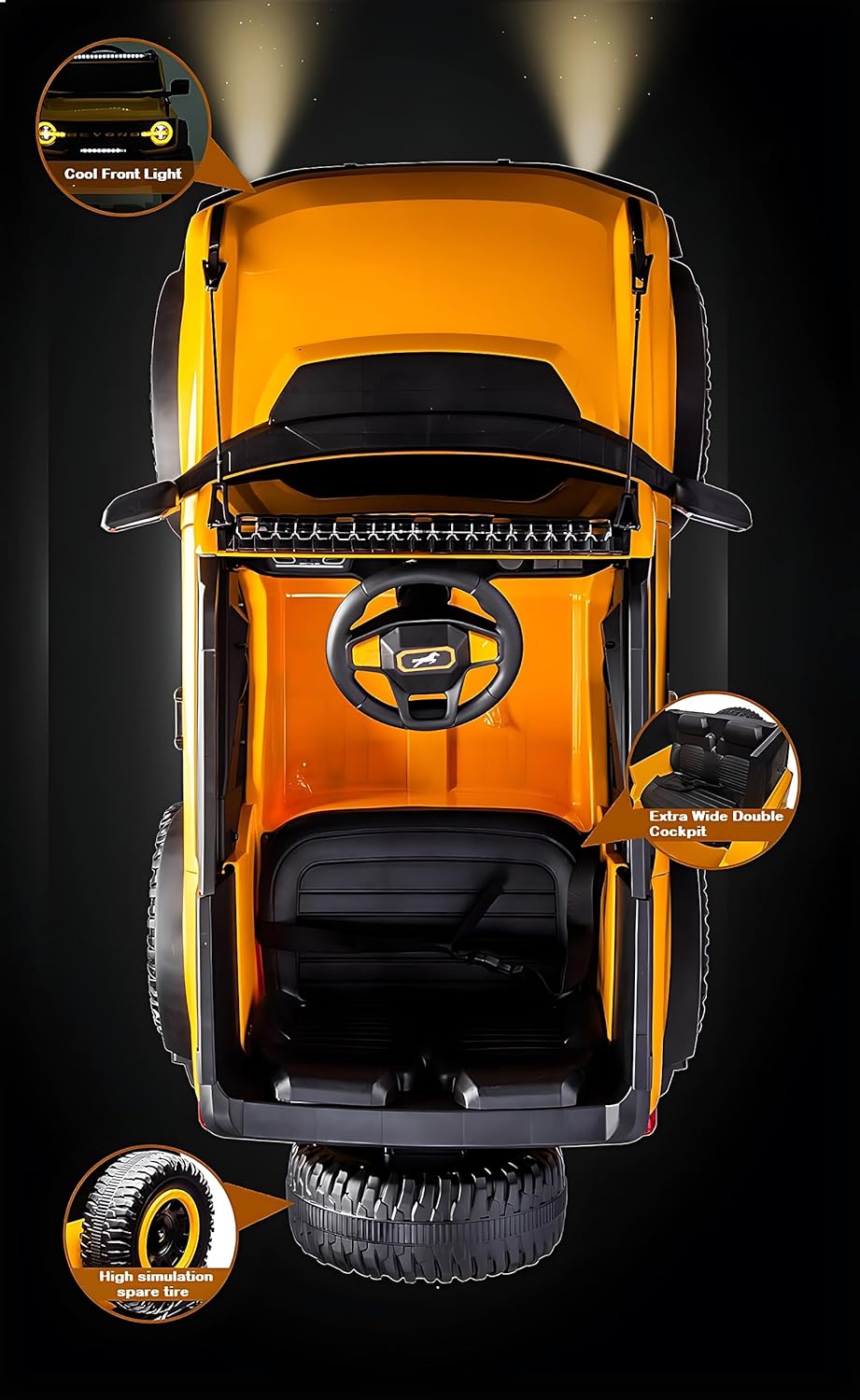 Top view of yellow Ride-On Jeep Beyond 12V 4WD SUV for kids with wide cockpit, headlights, and spare tire details.