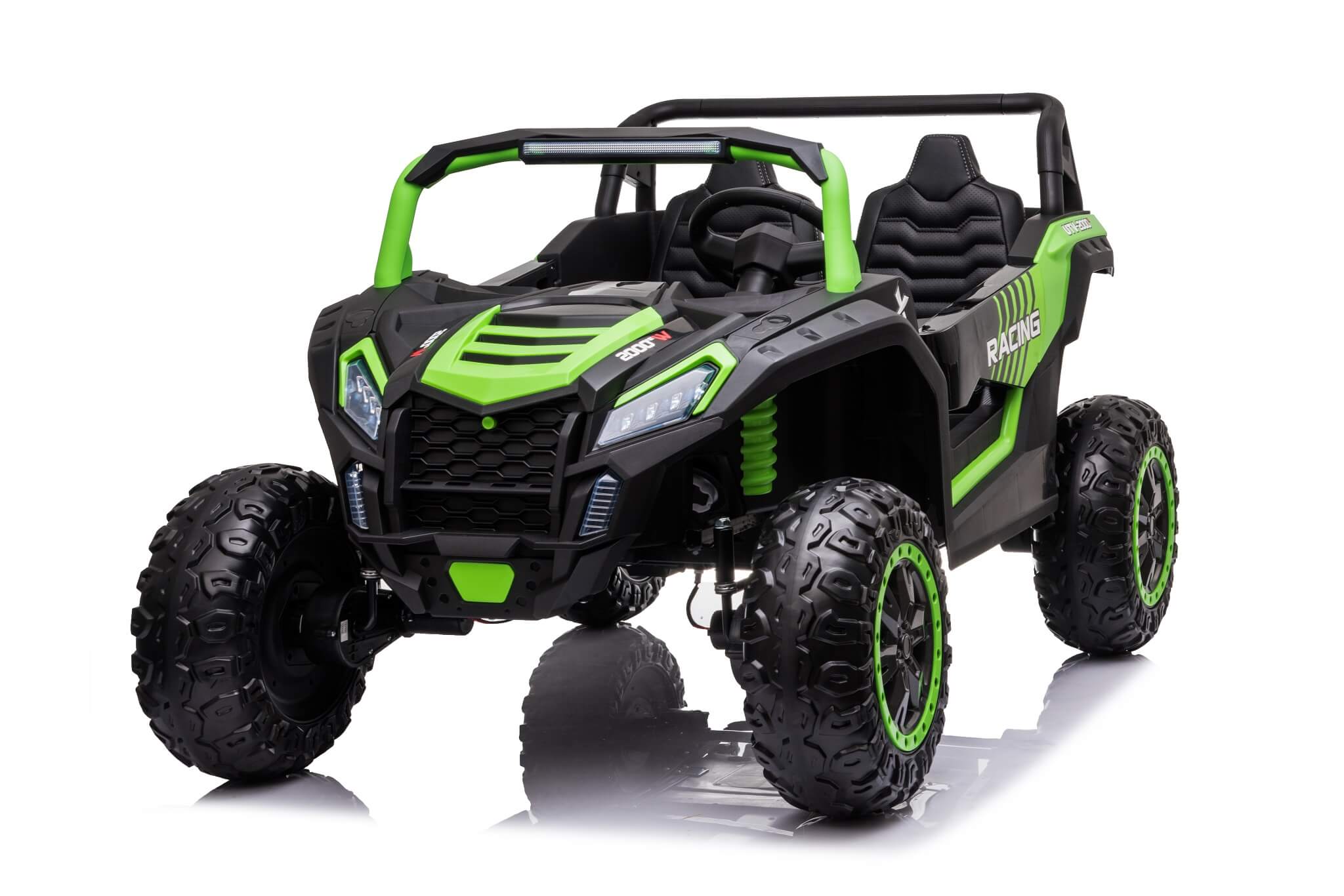 Green and black Stinger Buggy XL 24V 4x4 two-seater ride-on car with large EVA off-road wheels for kids