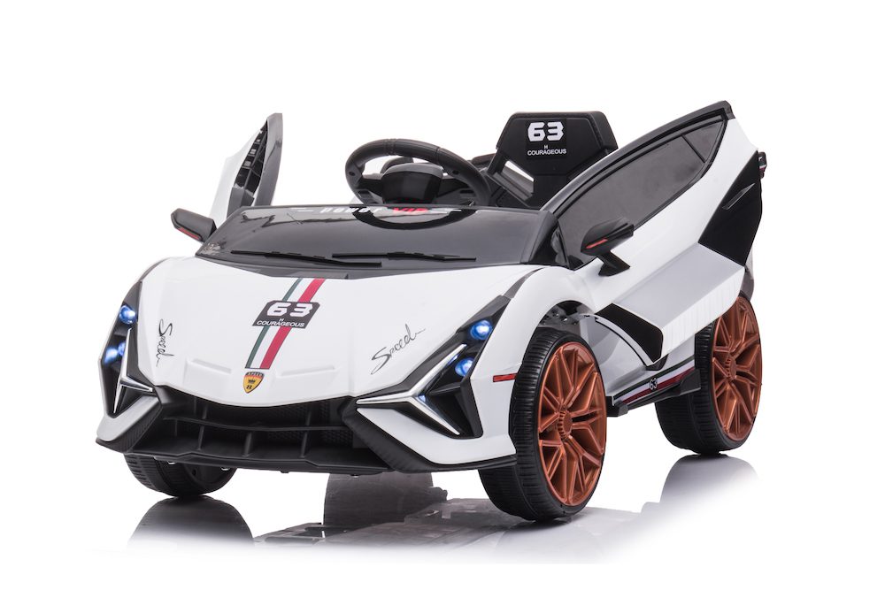 White 12V Lamborghini inspired ride-on race car for kids with remote control and forward/reverse gears