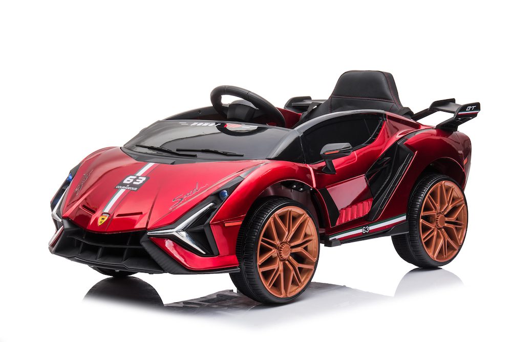 Red 12V Lamborghini-inspired ride-on race car for kids with black and bronze accents and realistic sports car details