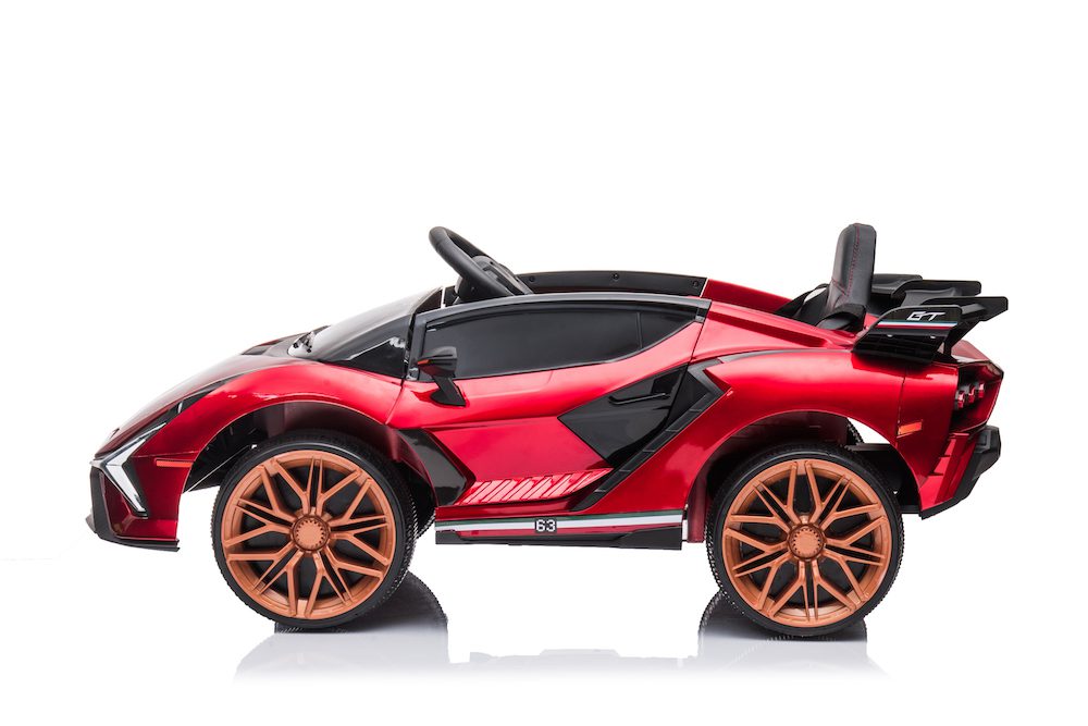 Red 12V Lamborghini inspired ride-on race car for kids with twin motors and remote control, suitable for ages 3 and up