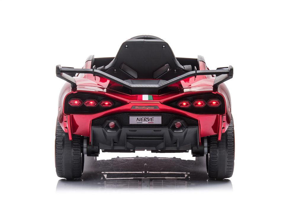 Rear view of a red 12V Lamborghini-inspired ride-on car for kids with realistic tail lights and plastic tires.