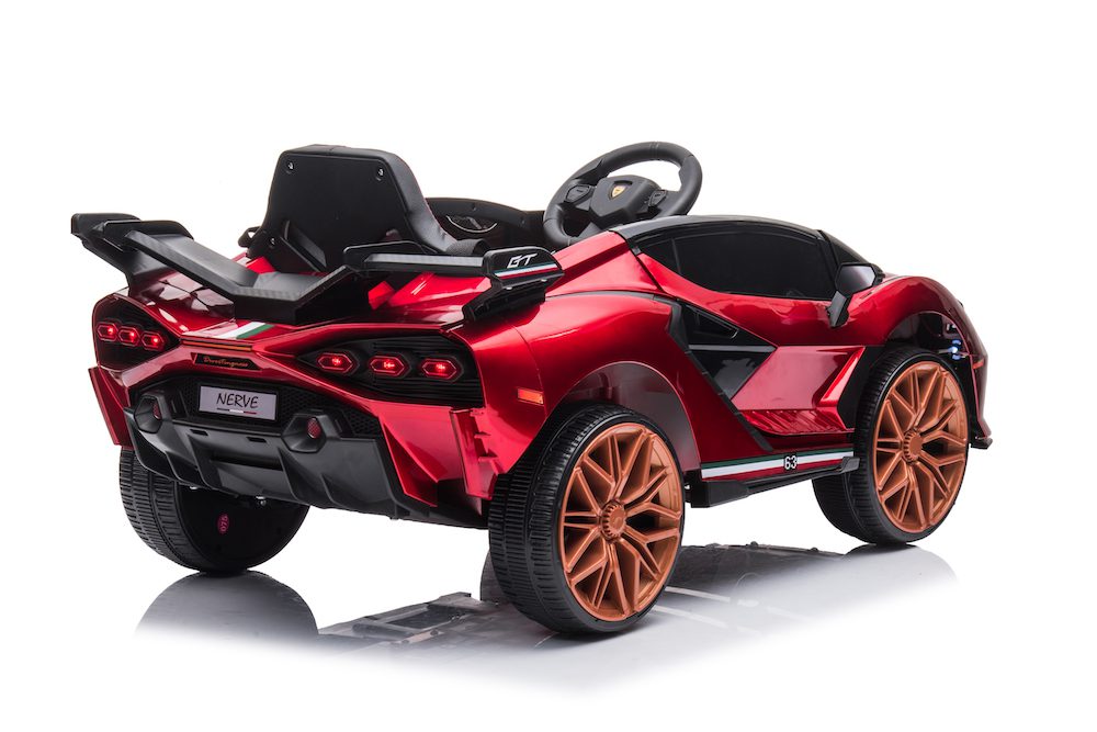Red 12V Lamborghini inspired ride-on race car for kids with remote control and plastic tires, suitable for ages 3 and up.