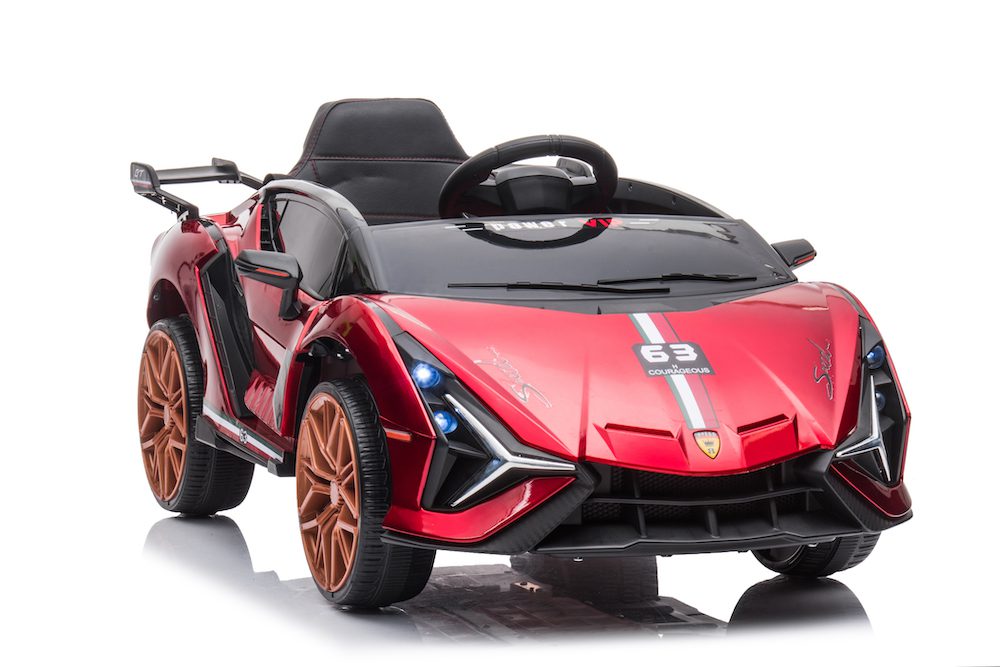 Red 12V ride-on Lamborghini-inspired car for kids with twin motors, remote control, and plastic tires for outdoor fun.