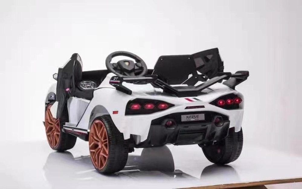 White 12V Lamborghini inspired ride-on car for kids with remote control and twin motors, designed for ages 1 and up.