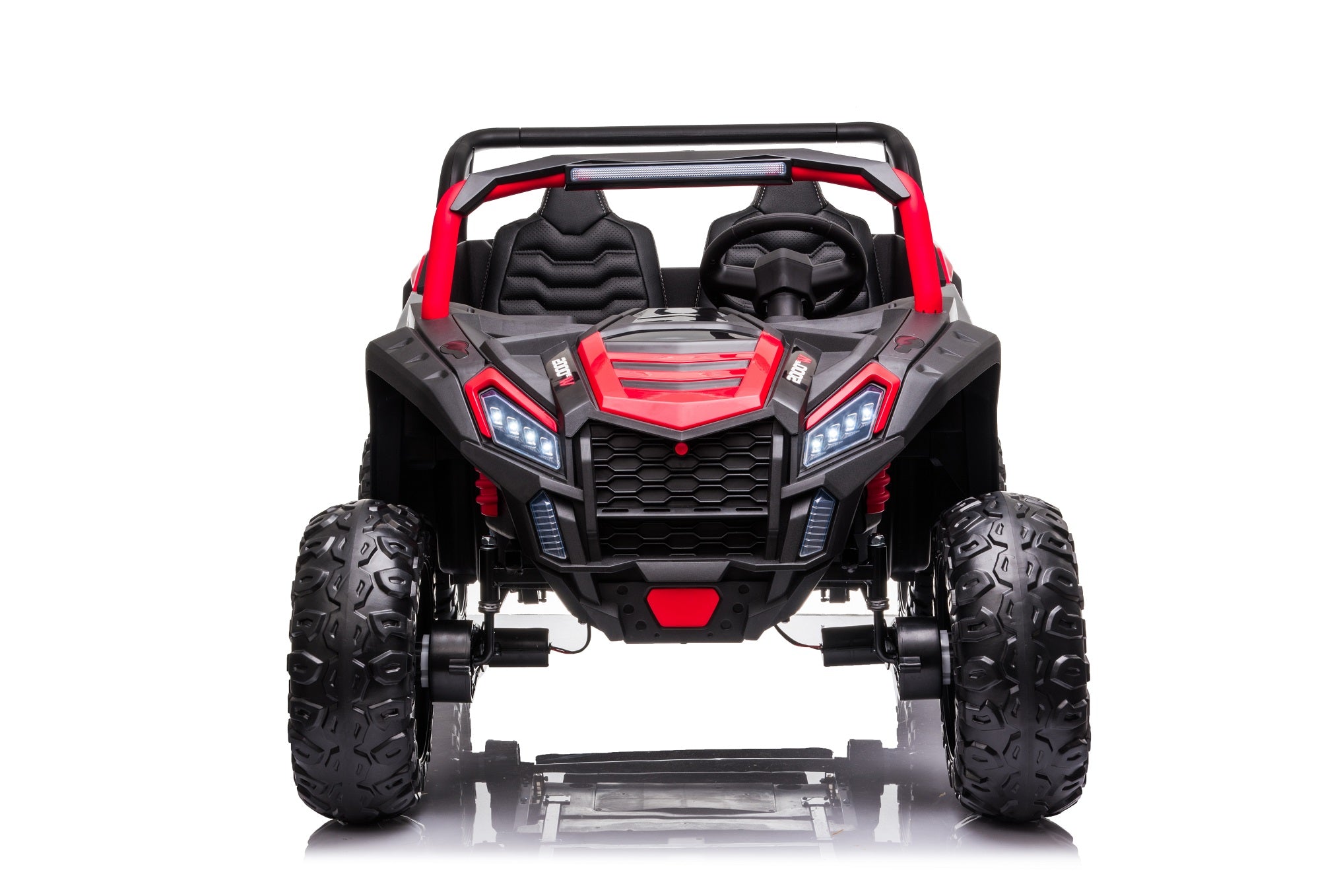 Front view of red and black Stinger Buggy XL 24V 4x4 ride-on car for kids with large EVA wheels and two seats