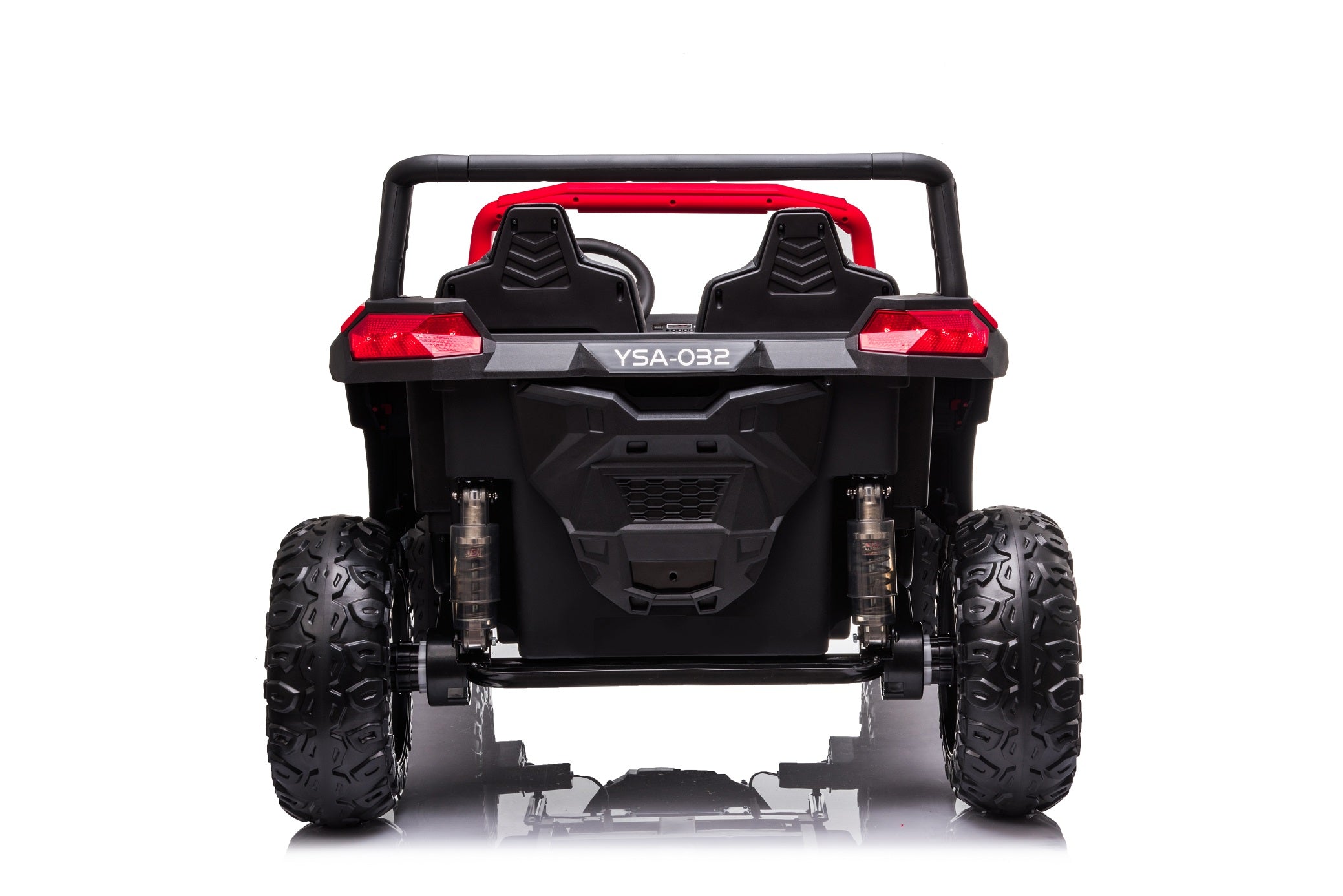 Rear view of Stinger Buggy XL 24V 4×4 two-seater kids ride-on car with large EVA off-road wheels in red