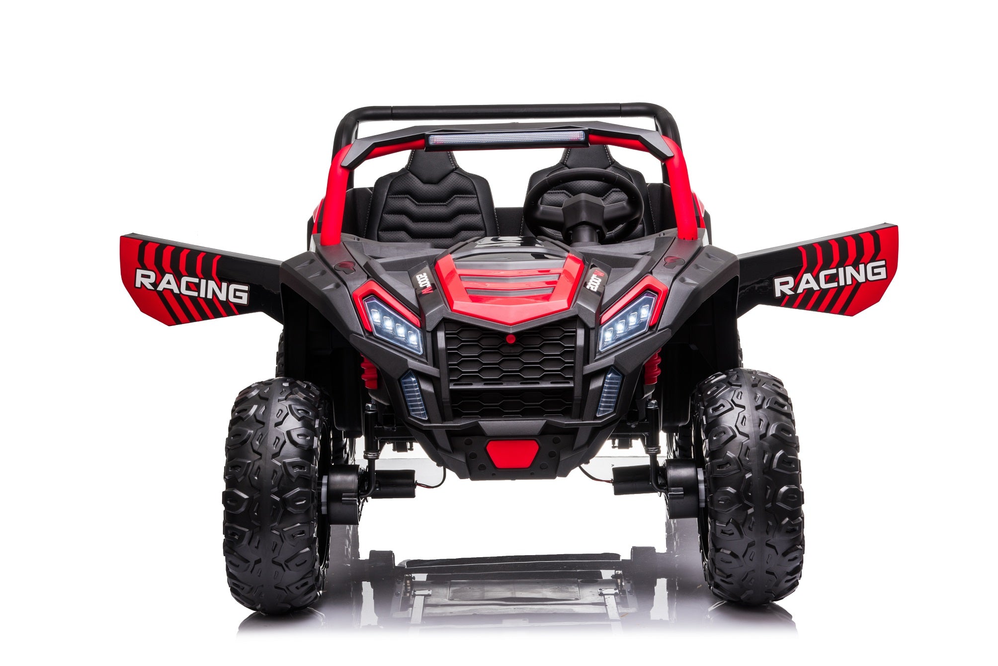 Front view of the red Stinger Buggy XL 24V 4x4 two-seater kids ride-on car with rugged EVA wheels and racing details.