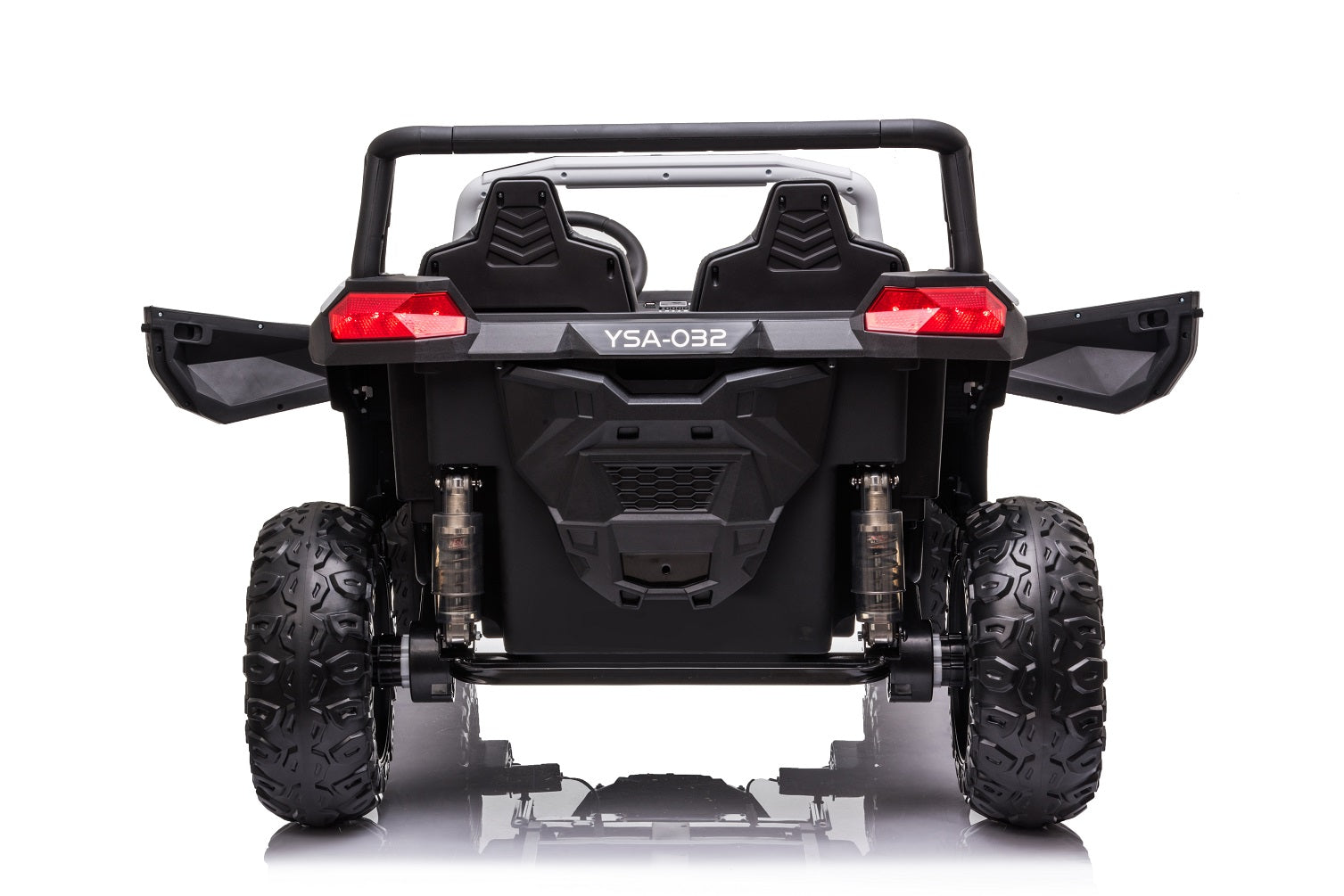 Rear view of Stinger Buggy XL 24V 4x4 kids ride-on car with open doors and large rugged EVA wheels in green.