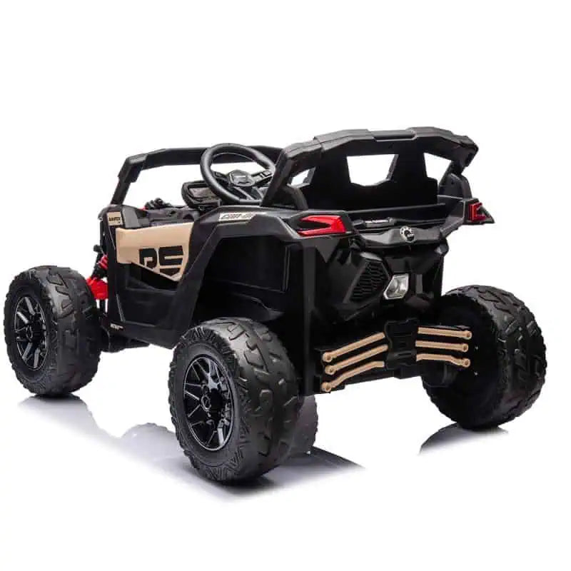 Black 24V Can-Am Maverick kids 4x4 ride-on UTV with large tires, realistic details, and off-road design for ages 3 to 8.