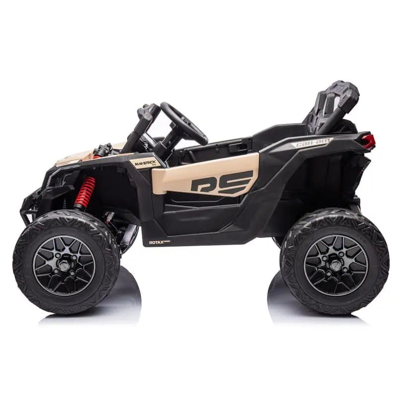 Black 24V Can-Am Maverick 800W 4x4 kids ride-on UTV with realistic design and EVA rubber tires for ages 3 to 8.