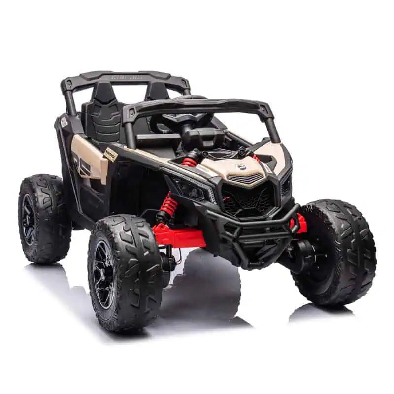 Black 24V Can-Am Maverick 800W 4x4 kids ride-on UTV with EVA tires, suspension, and adjustable seat for ages 3 to 8.