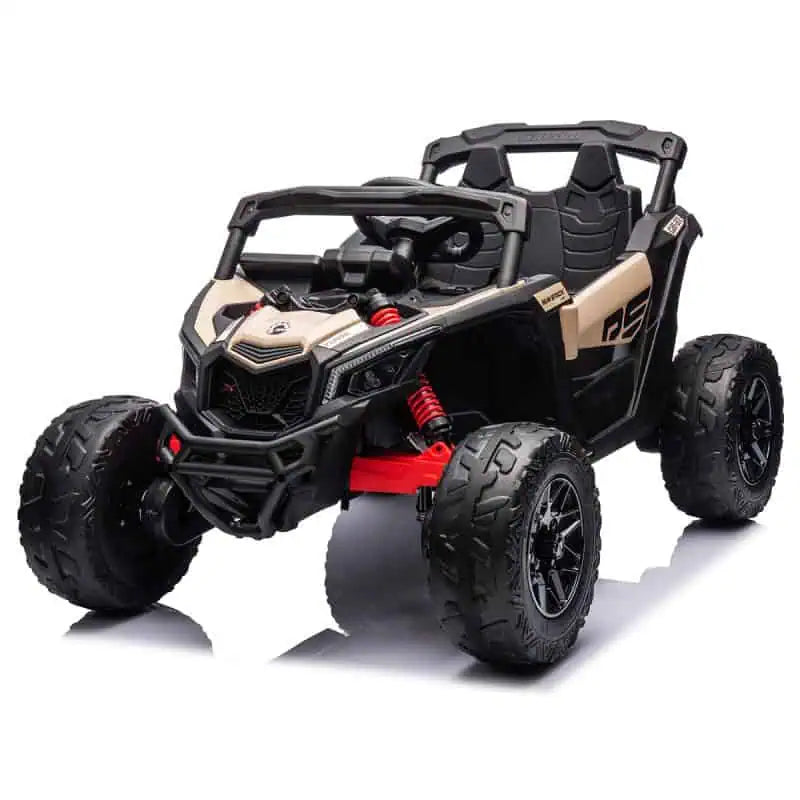 Black 24V Can-Am Maverick 800W 4x4 kids ride-on UTV with rugged tires and realistic off-road design