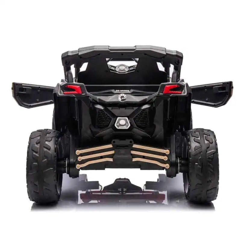 Rear view of black 24V Can-Am Maverick kids ride-on UTV with open doors and large EVA rubber tires
