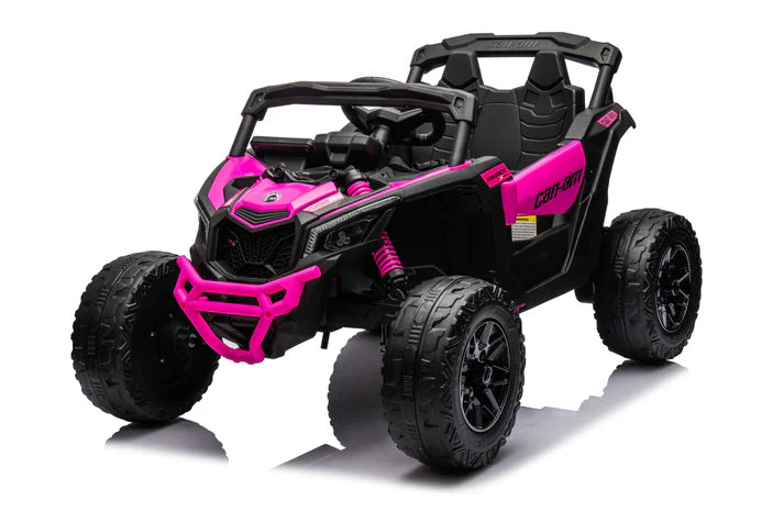 Barbie pink Can-Am Maverick 24V 800W 4x4 kids ride-on UTV with rugged tires and realistic design.