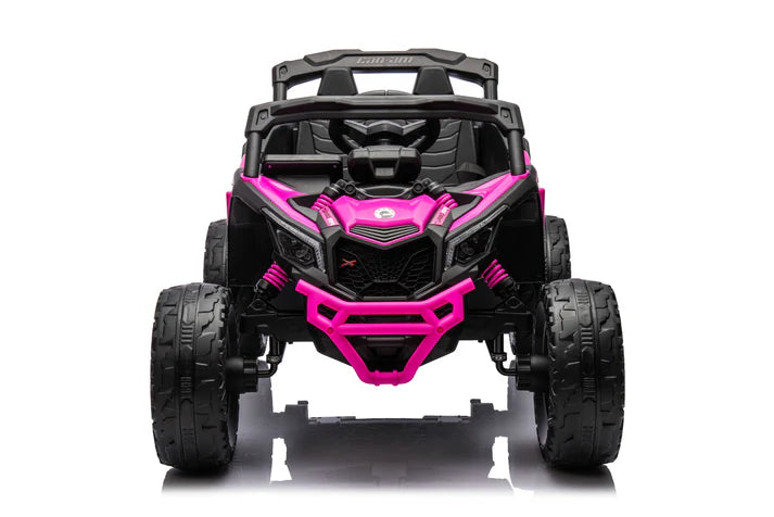 Front view of a pink Can-Am Maverick 800W 24V 4x4 kids ride-on UTV with rugged black tires