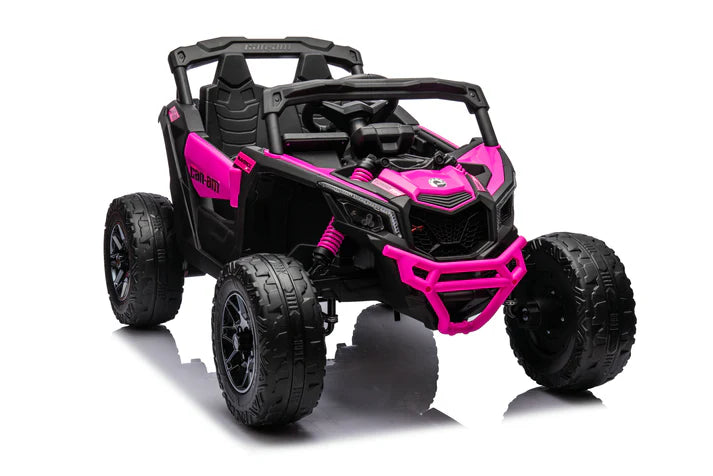 Pink Can-Am Maverick 24V 800W 4x4 kids ride-on UTV with black accents and large rubber tires
