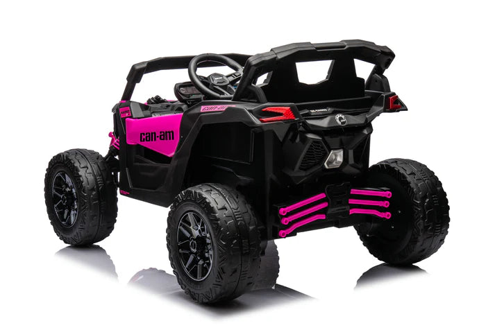 Barbie pink 24V Can-Am Maverick kids ride-on UTV with 4WD, EVA tires, and LED lights, designed for ages 3 to 8.