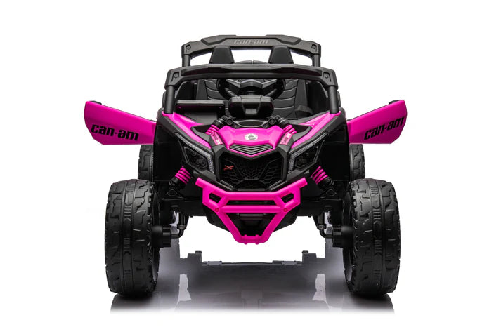 Front view of a Barbie pink 24V Can-Am Maverick 800W 4x4 kids ride-on UTV with open doors and rugged tires
