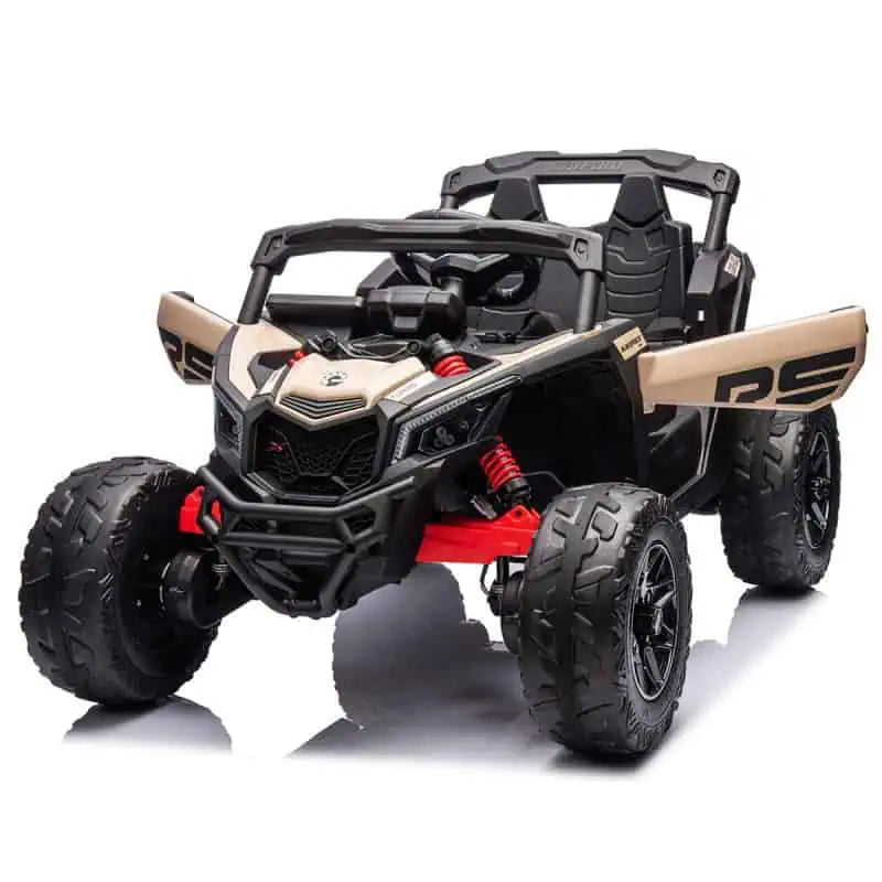 Black 24V Can-Am Maverick 800W 4x4 kids ride-on UTV with EVA tires, spring suspension, and detailed design.