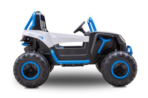 Blue and black 24V electric ride-on toy beach buggy for kids with large wheels and safety features