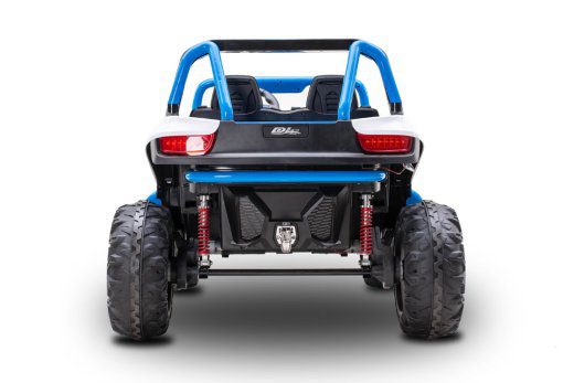 Rear view of blue 24V electric ride-on toy beach buggy with dual seats and chunky off-road tires