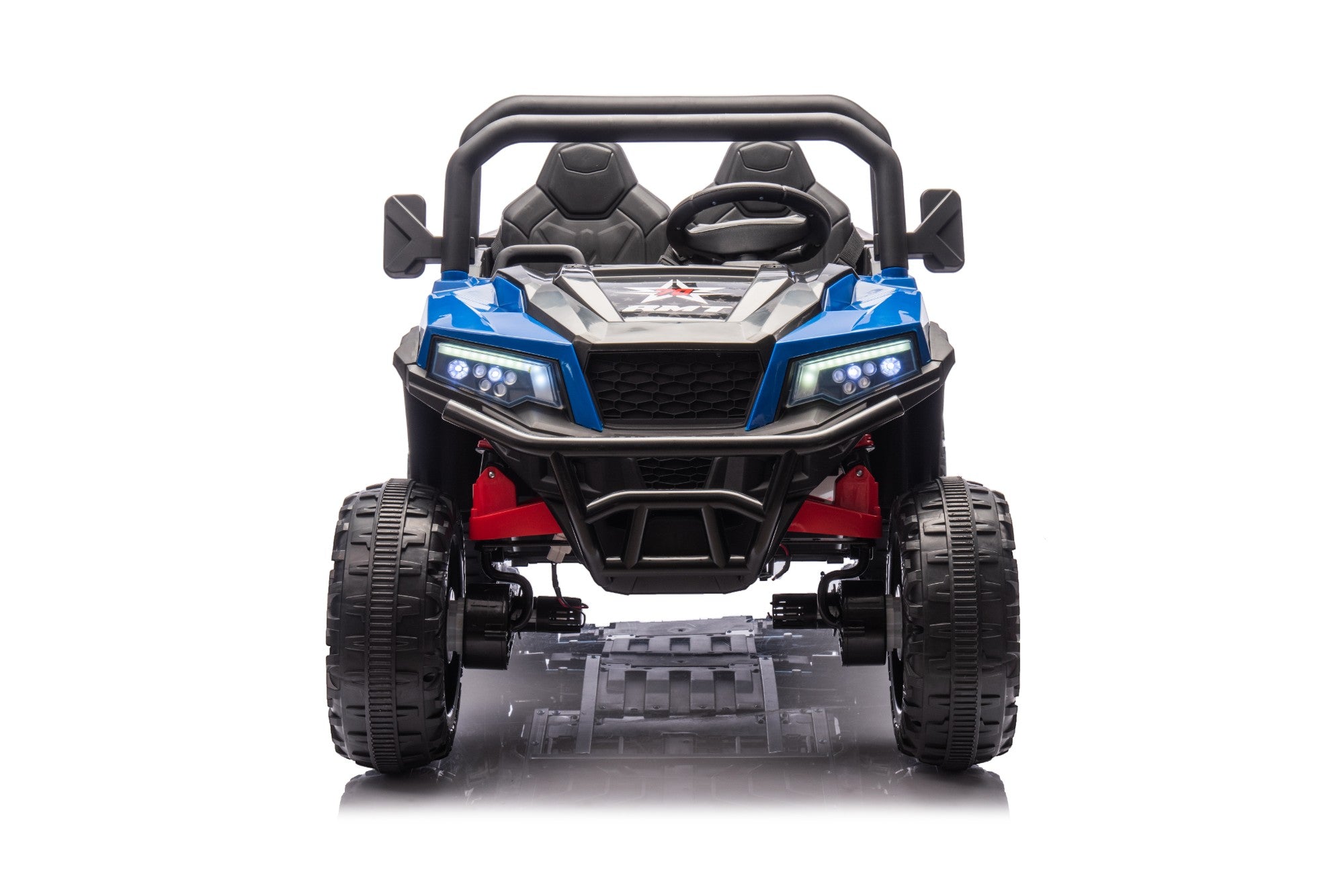 Front view of blue 24V ride-on electric dump truck with rugged 6-wheel design and steering wheel for kids.