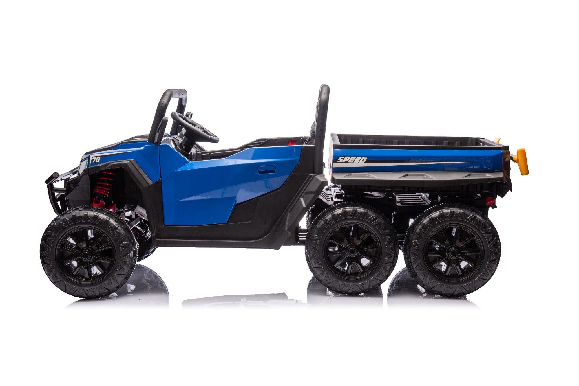 24V blue 6-wheel ride-on electric dump truck with working tipper, leather seat, and rugged EVA wheels for kids.
