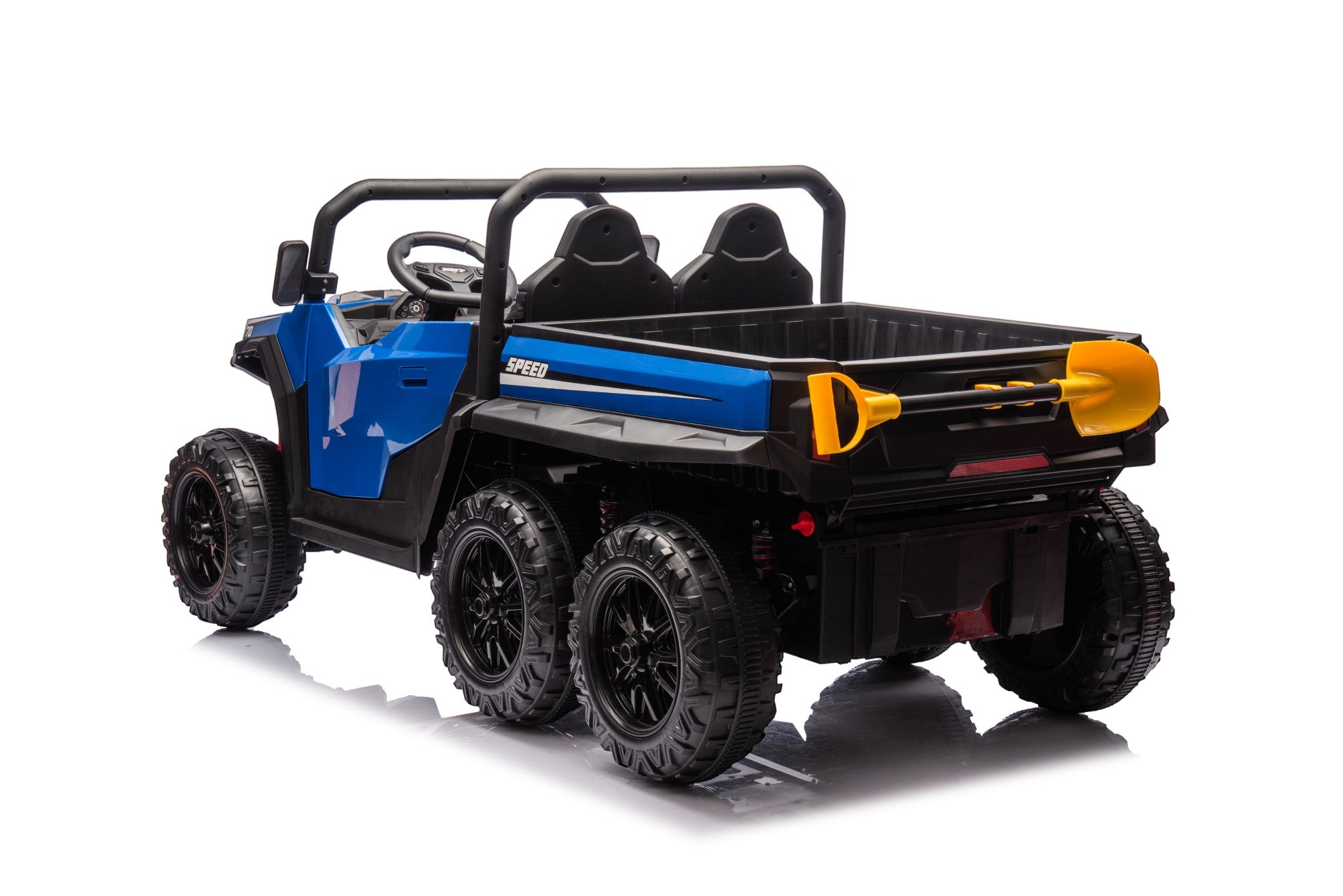 Blue 24V ride-on electric dump truck with six rugged wheels, dual seats, and functional tipper for kids’ outdoor play.