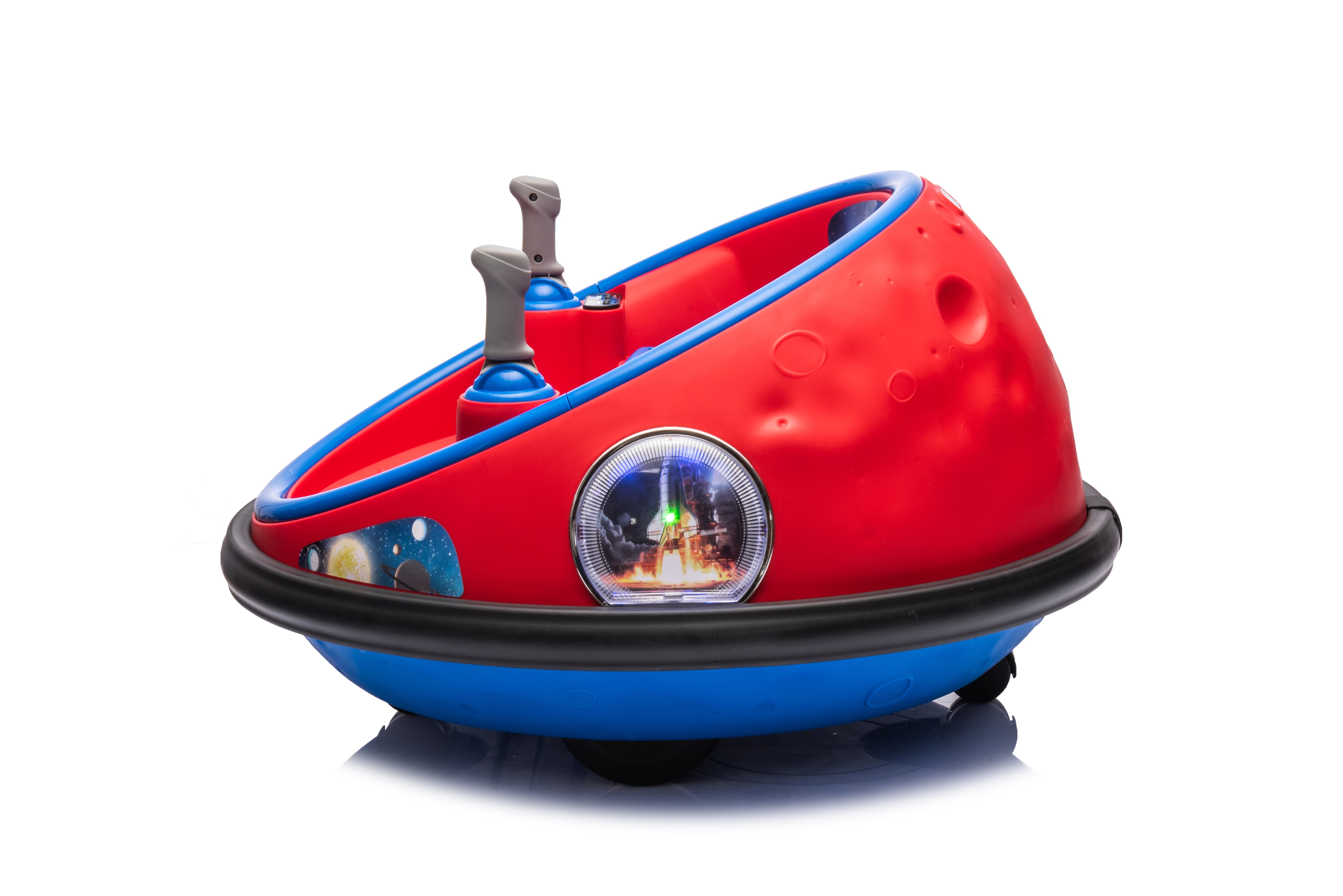 Red and blue 12V kids bumper car with joystick controls and safety bumper for toddlers aged 1 to 5 years old