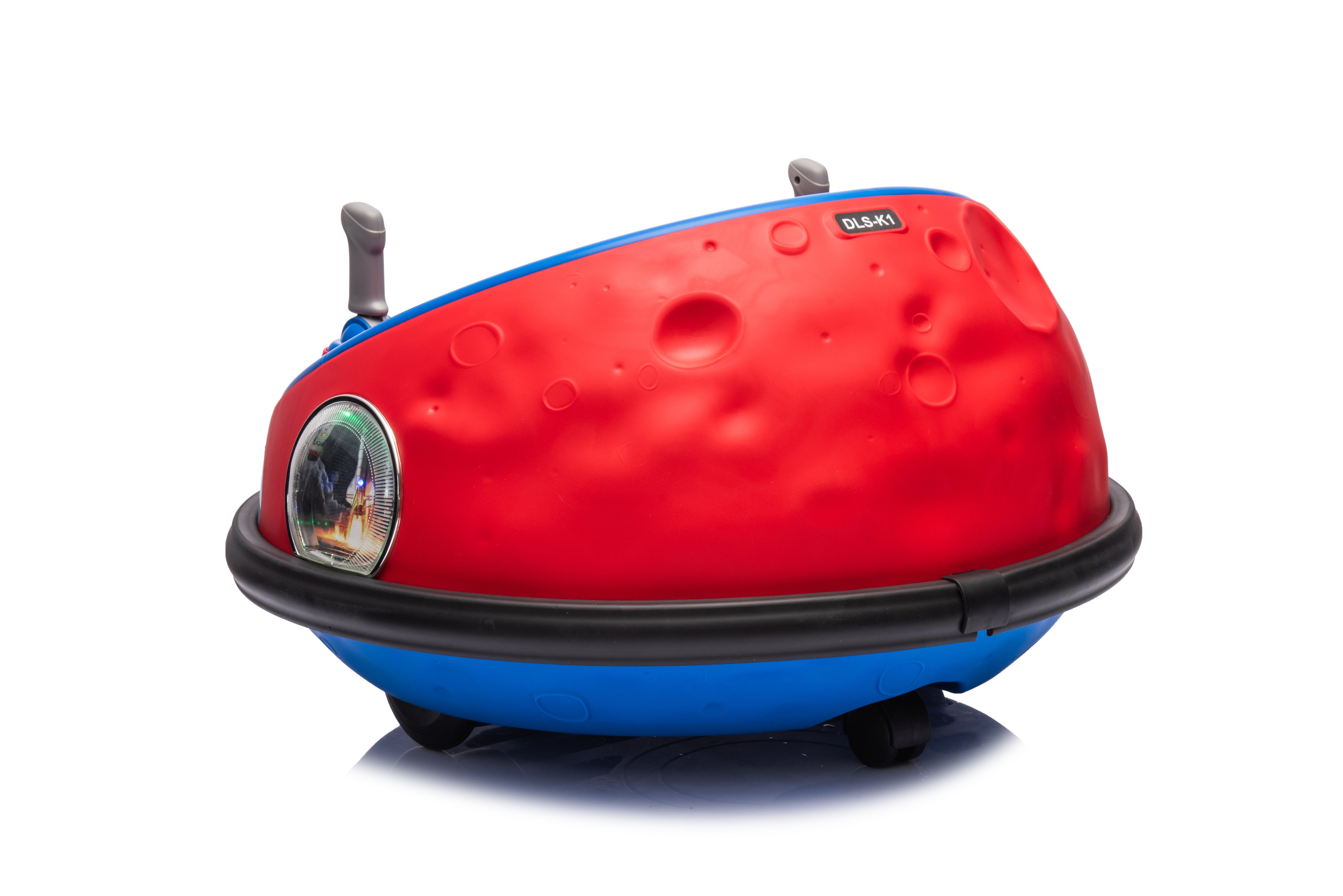 Red and blue 12V kids bumper car with joystick controls and rubberized bumper ring for toddlers age 1 to 5.