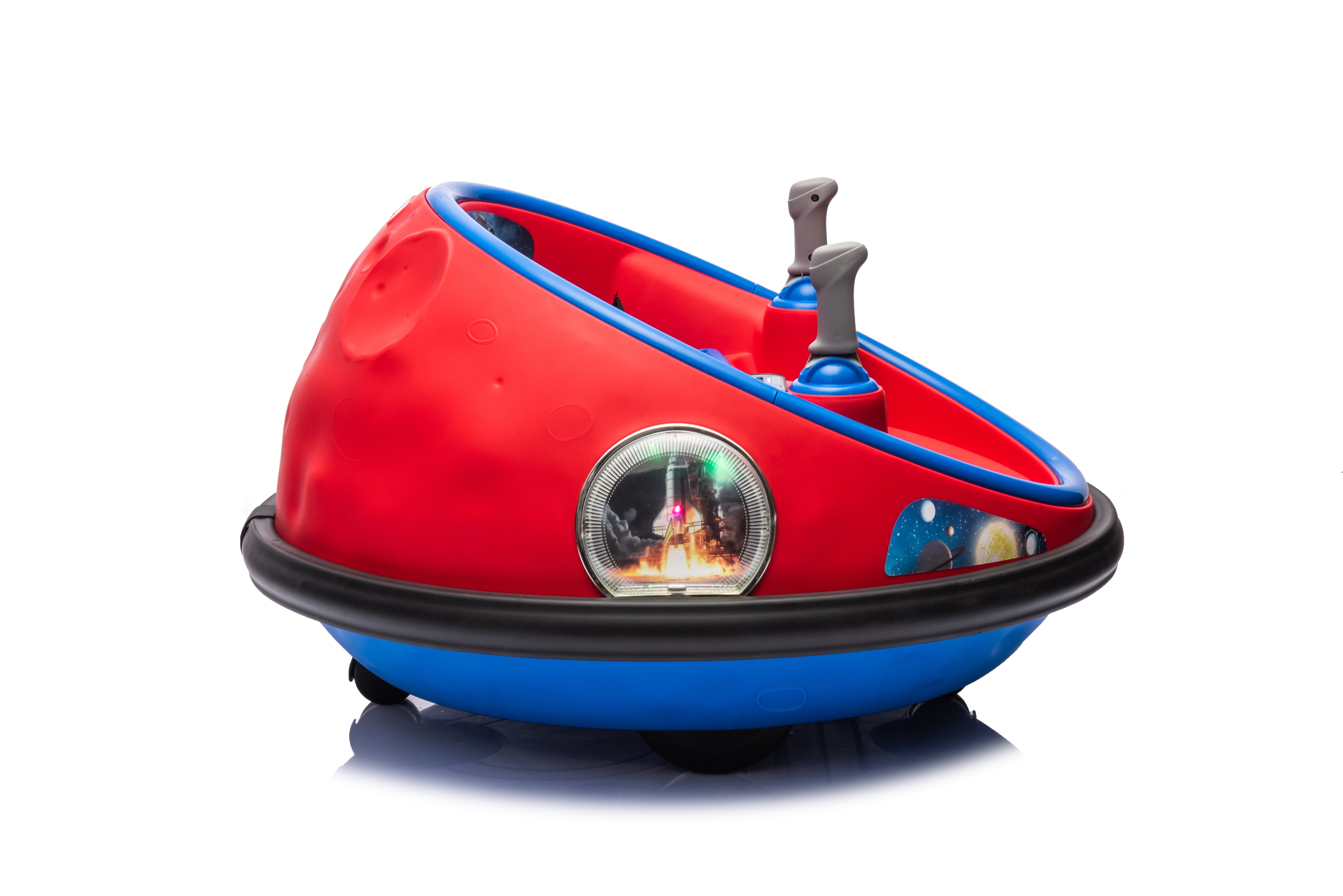 Red and blue 12V kids bumper car with joystick controls and LED lights for toddlers aged 1 to 5 years.