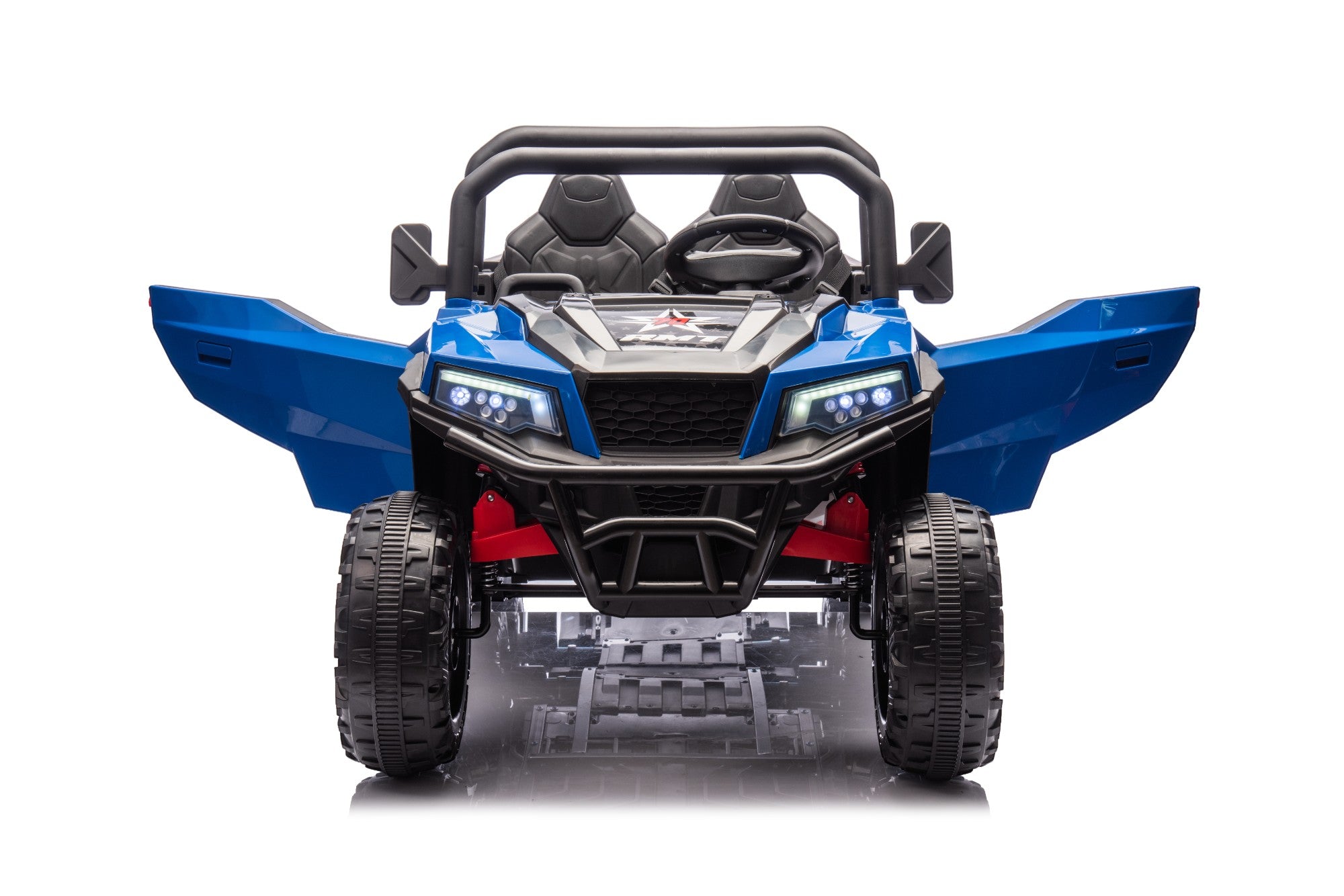 Front view of a blue 24V ride-on electric dump truck with open doors and rugged EVA wheels for kids.